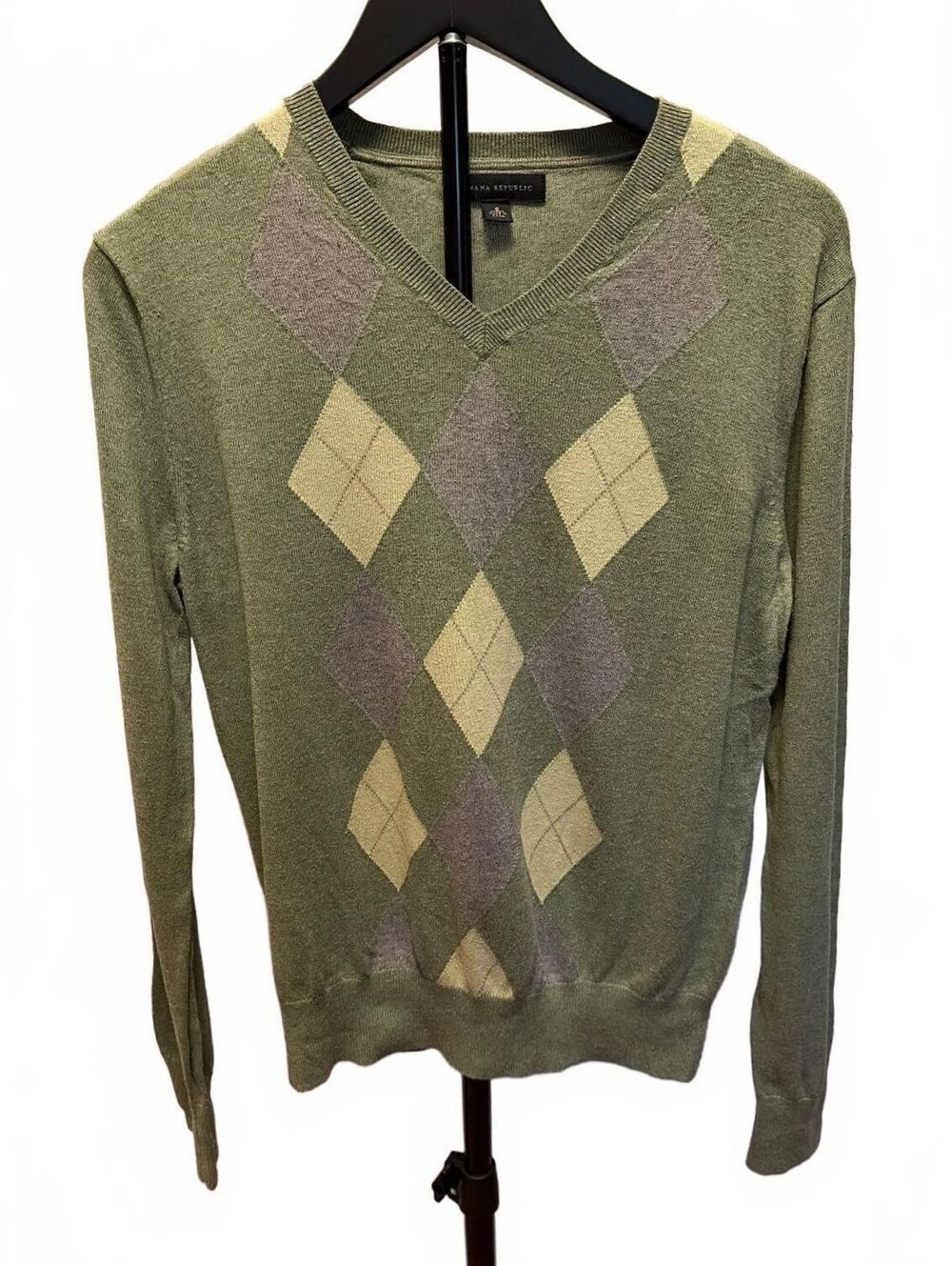 Banana Republic S Green Argyle Silk Cashmere Blend V-Neck Sweater Gentlemen Prep